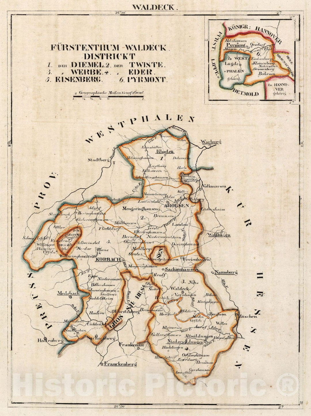 Historic Map : Germany, AtlasMap, V. 2:6-10: VII: XX-XXII. Waldeck. Furstenthum Waldeck. Distrikt 1-6 1825, , Vintage Wall Art