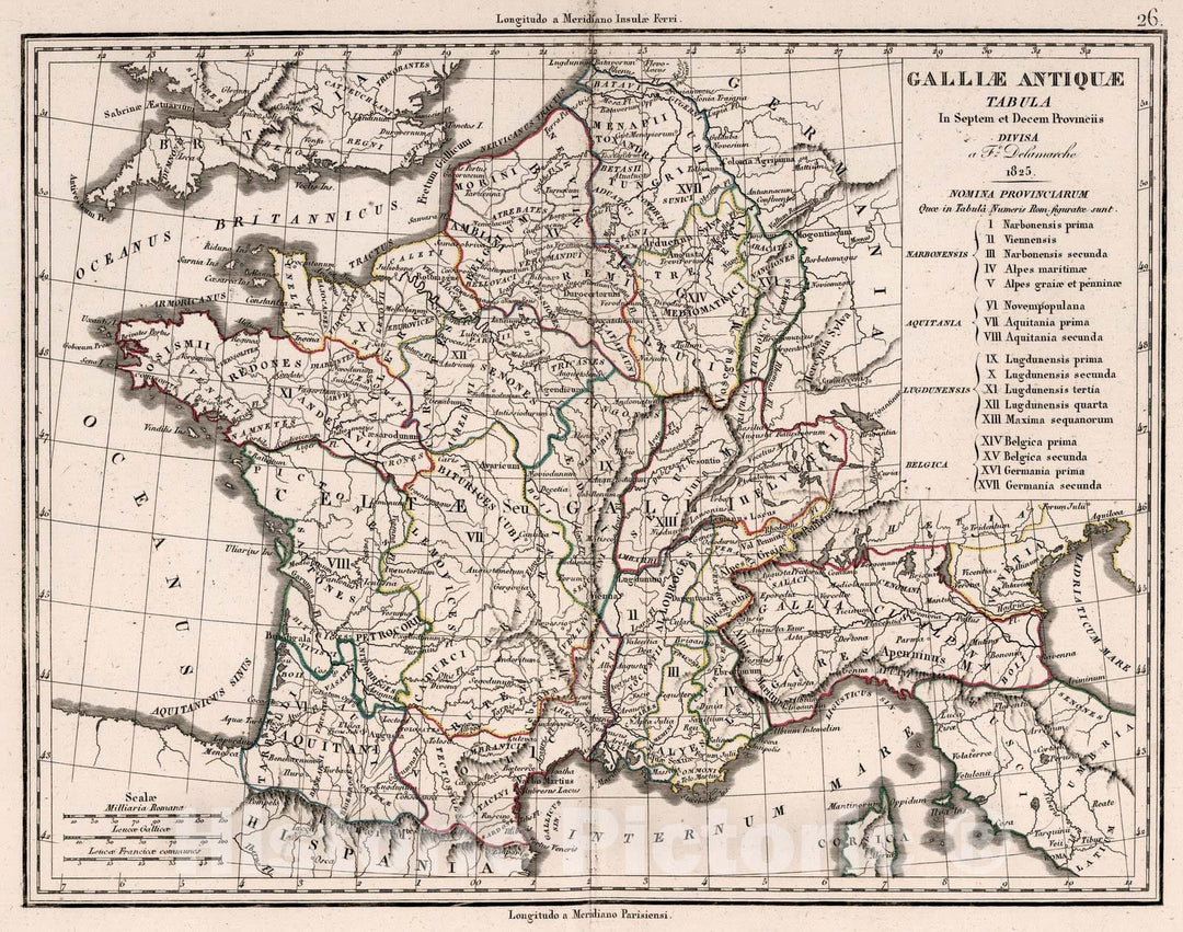 Historic Wall Map : France,Gallae Antiquae in Septem et Decem Provinciis Divisa 1825. 1825 , Vintage Wall Art