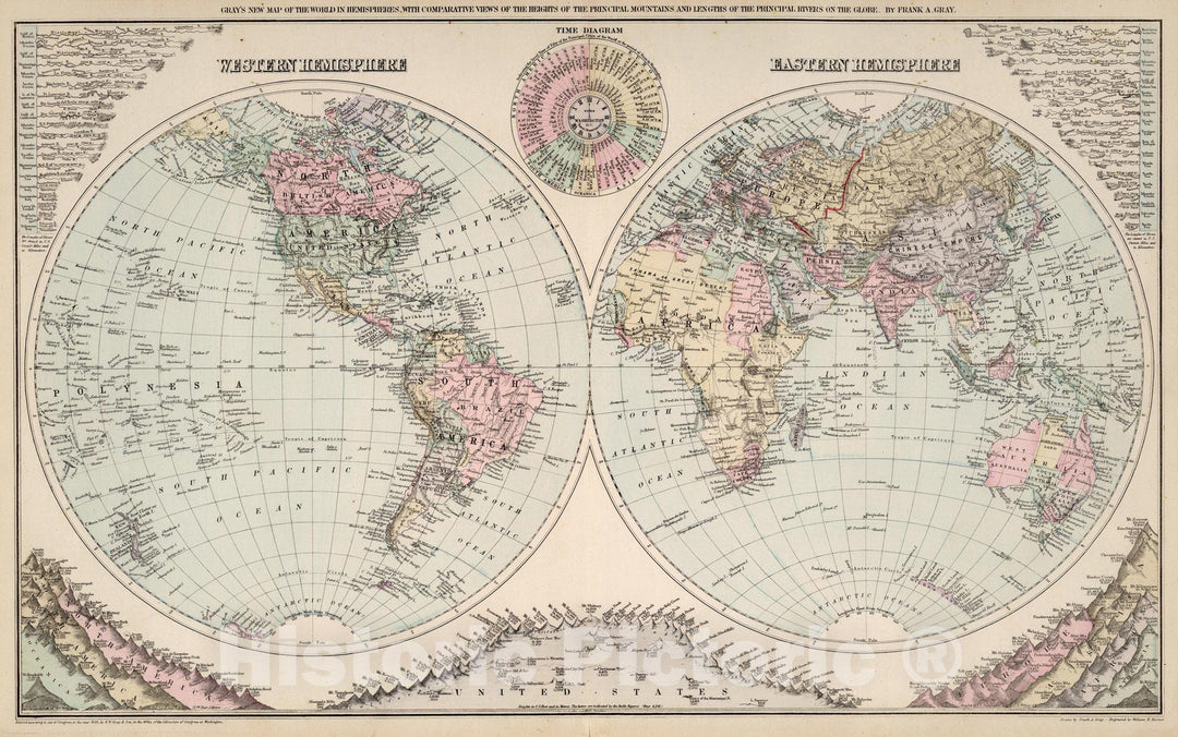 Historic Map : Eastern Hemisphere. Western Hemisphere. 1879 - Vintage Wall Art