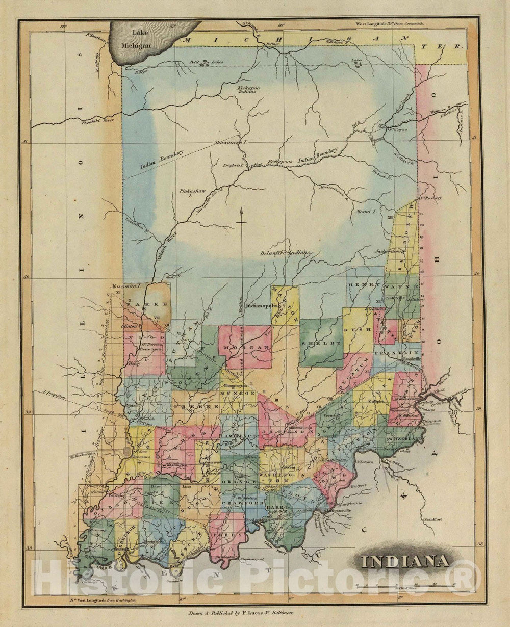 Historic Wall Map : World Atlas Map, Indiana. 1823 - Vintage Wall Art