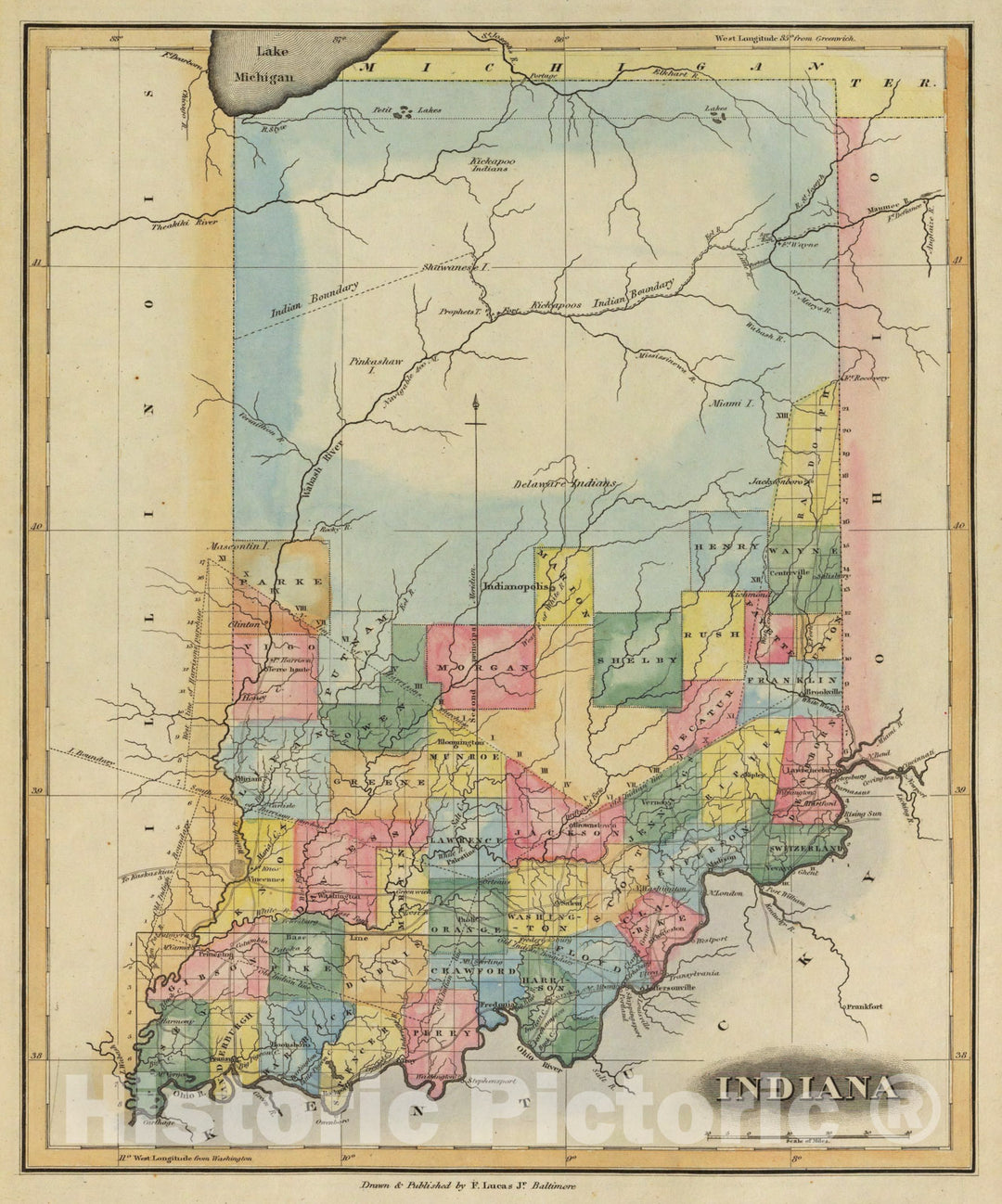 Historic Wall Map : World Atlas Map, Indiana. 1823 - Vintage Wall Art