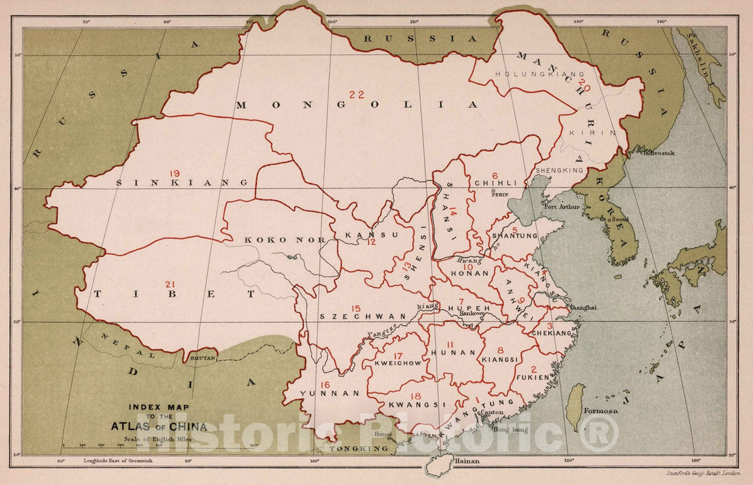 Historic Map : Index map to the Atlas of China, 1908 - Vintage Wall Art