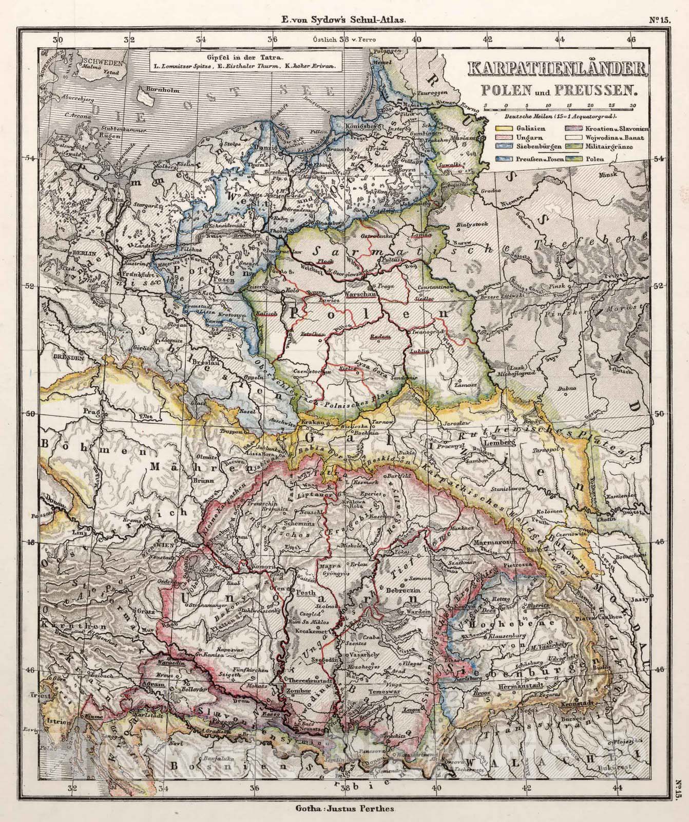 Historic Map : Poland, Carpathians15. Karpathenlaender, Polen und Preussen. Carpathians, Poland and Prussia. 1872 , Vintage Wall Art