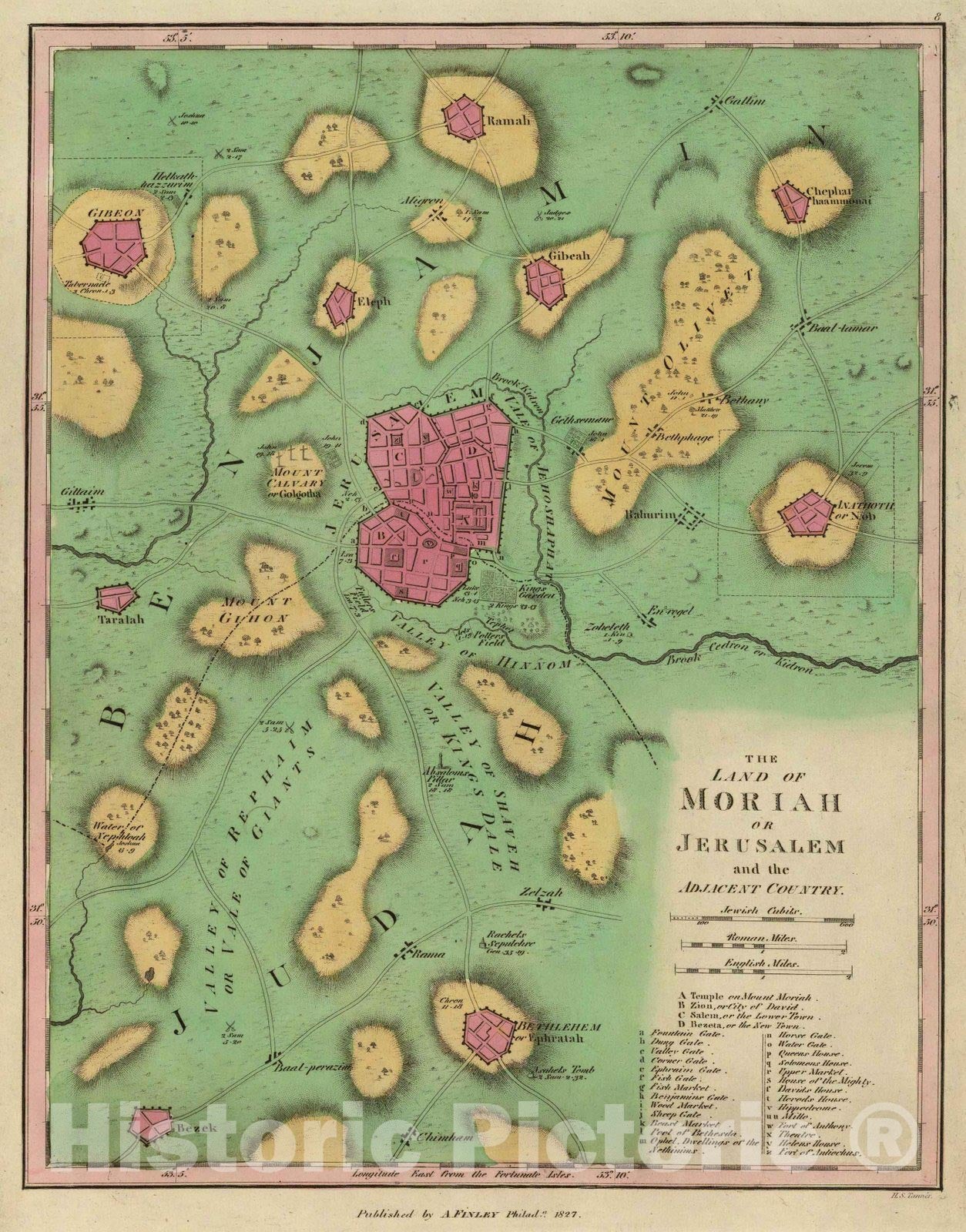 Historic Map : Classical Atlas Map, The Land of Moriah Or Jerusalem and the Adjacent Country. 1831 - Vintage Wall Art