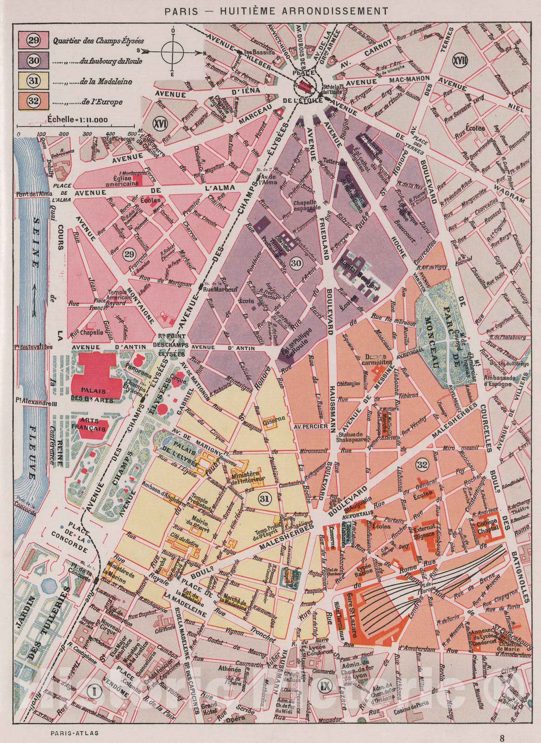 Historic Map : Paris , France, Paris (France), City Atlas Map, Paris - Huitieme Arrondissement. 1900 , Vintage Wall Art