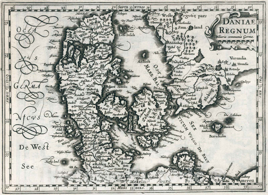 Historic Map : Denmark,Daniae regnum 1636 , Vintage Wall Art