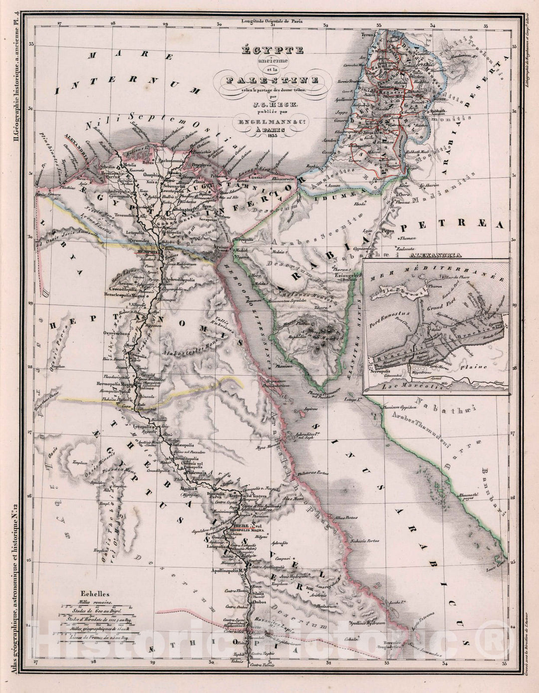 Historic Map : Egypt,12. Egypte ancienne et la Palestine selon le partage des douze tribus. 1834 , Vintage Wall Art