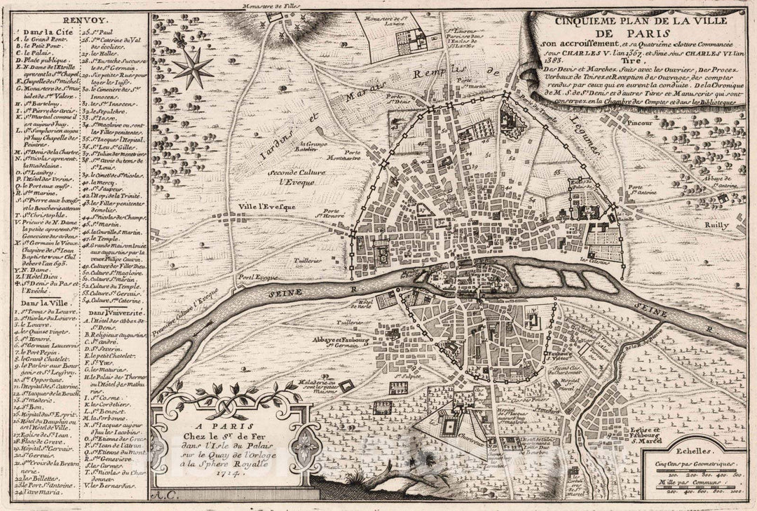 Historic Map : Paris , France,Cinquieme Plan de La Ville de Paris. 1714 , Vintage Wall Art