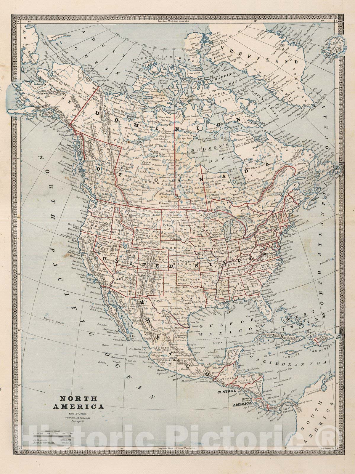 Historic Map : World Atlas Map, North America. 1883 - Vintage Wall Art