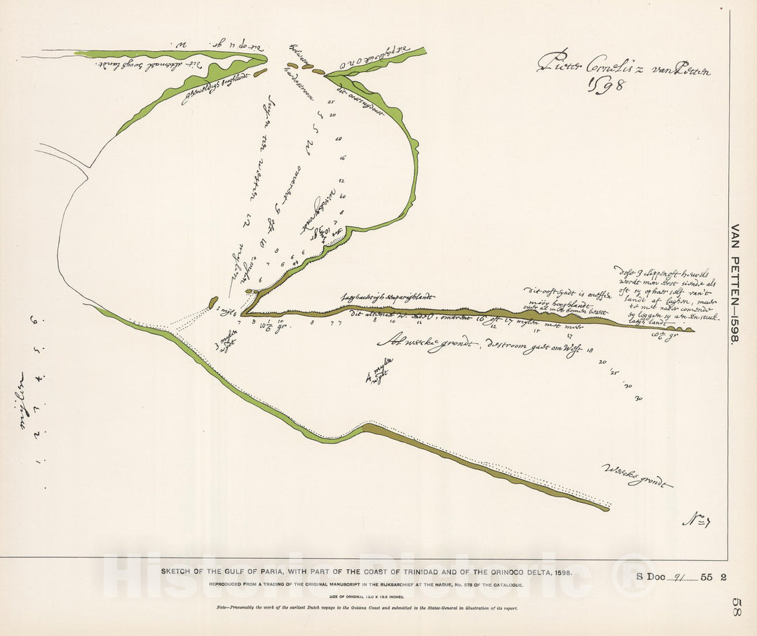 Historic Map : Venezuela; Guyana, Orinoco-Essequibo Region Gulf of Paria by van Petten. 1598 , Vintage Wall Art