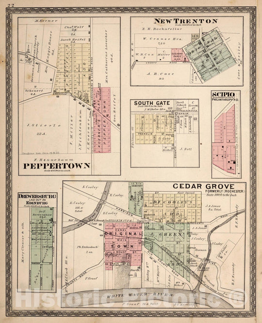 Historic Map : County Atlas Map, Cedar Grove Formerly Rochester, Peppertown, New Trenton, South Gate, Scipio, and Drewersburg (Laid Out as Edinburg), Indiana. 1882 Vintage Wall Art