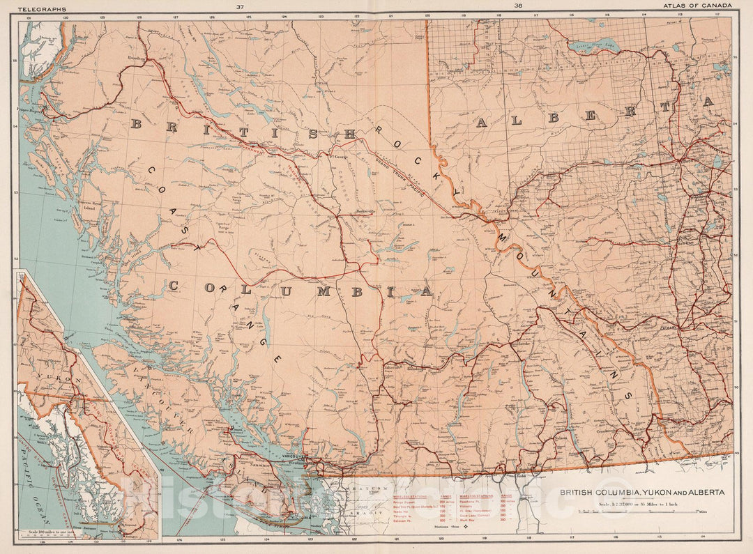 Historic Map : British Columbia, Yukon and Alberta. Telegraphs 1915 - Vintage Wall Art