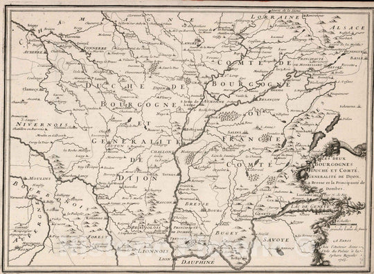 Historic Map : World Atlas Map, Les Deux Bourgogne Duche et Comte. Generalite de Dijon, France. 1705 - Vintage Wall Art