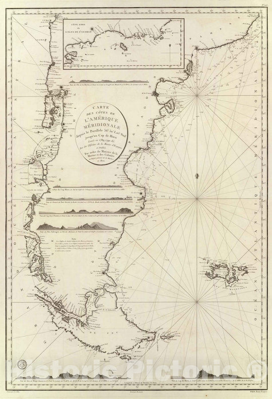 Historic Map : Argentina; Chile, Falkland Islands Chart Map, Amerique Merid, cotes. 1800 , Vintage Wall Art