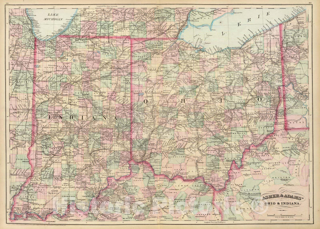 Historic Map : Ohio, Indiana. 1874 - Vintage Wall Art