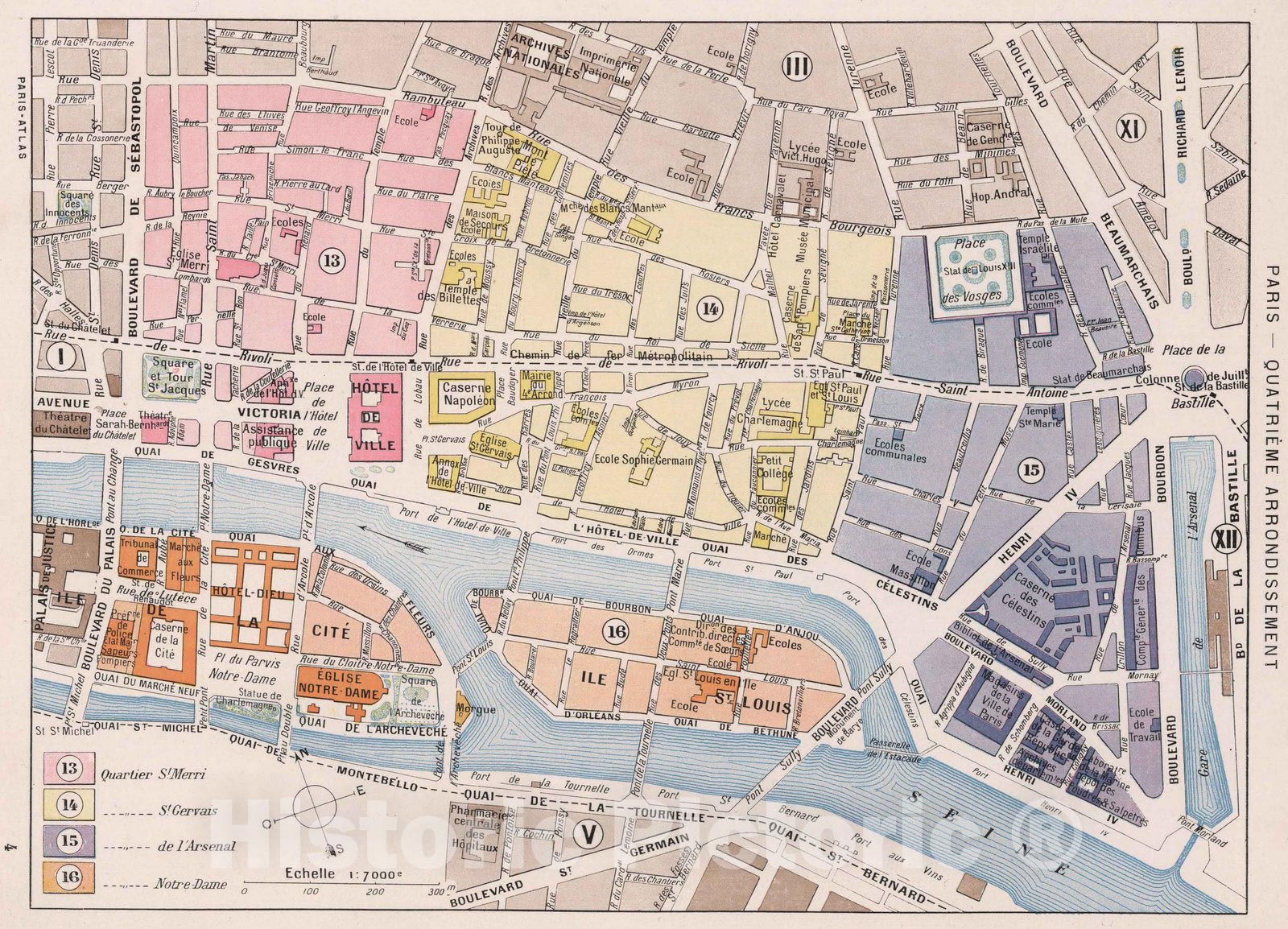 Historic Map : Paris , France, Paris (France), City Atlas Map, Paris - Quatrieme Arrondissement. 1900 , Vintage Wall Art