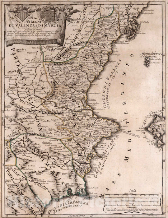 Historic Map : Spain, , EuropeLi Regni di Valenza e di Murcia 1696 , Vintage Wall Art