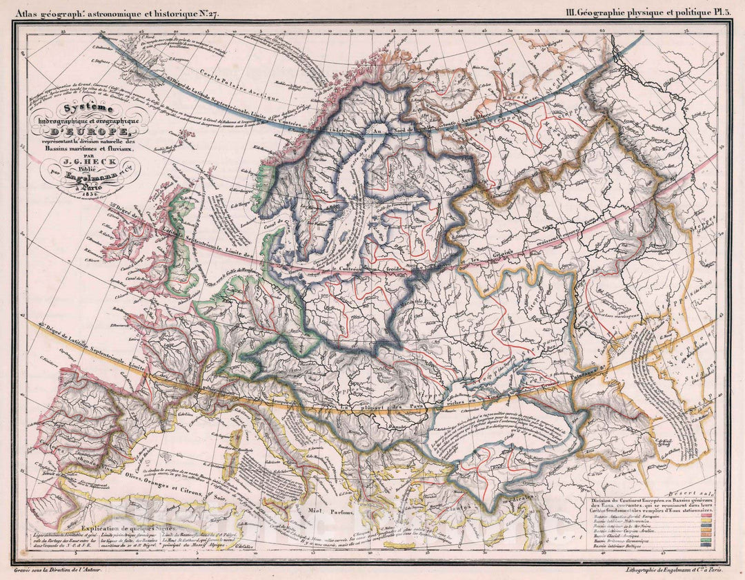 Historic Wall Map : World Atlas Map, 27. Systeme hydrographique et orographique d'Europe. 1832 - Vintage Wall Art