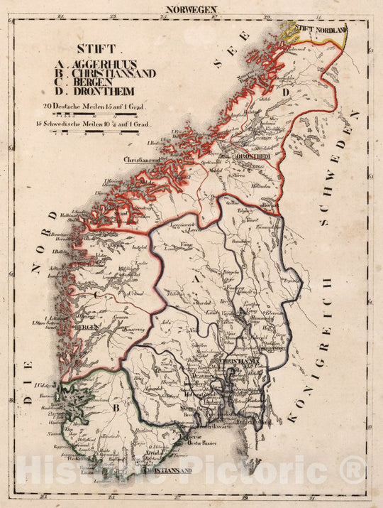 Historic Map : Norway, V.1:1-5: V: III: Norwegen: Stift: A. Aggerhuus. B. Christiansand. C. Bergen. D. Dronthem 1825 , Vintage Wall Art