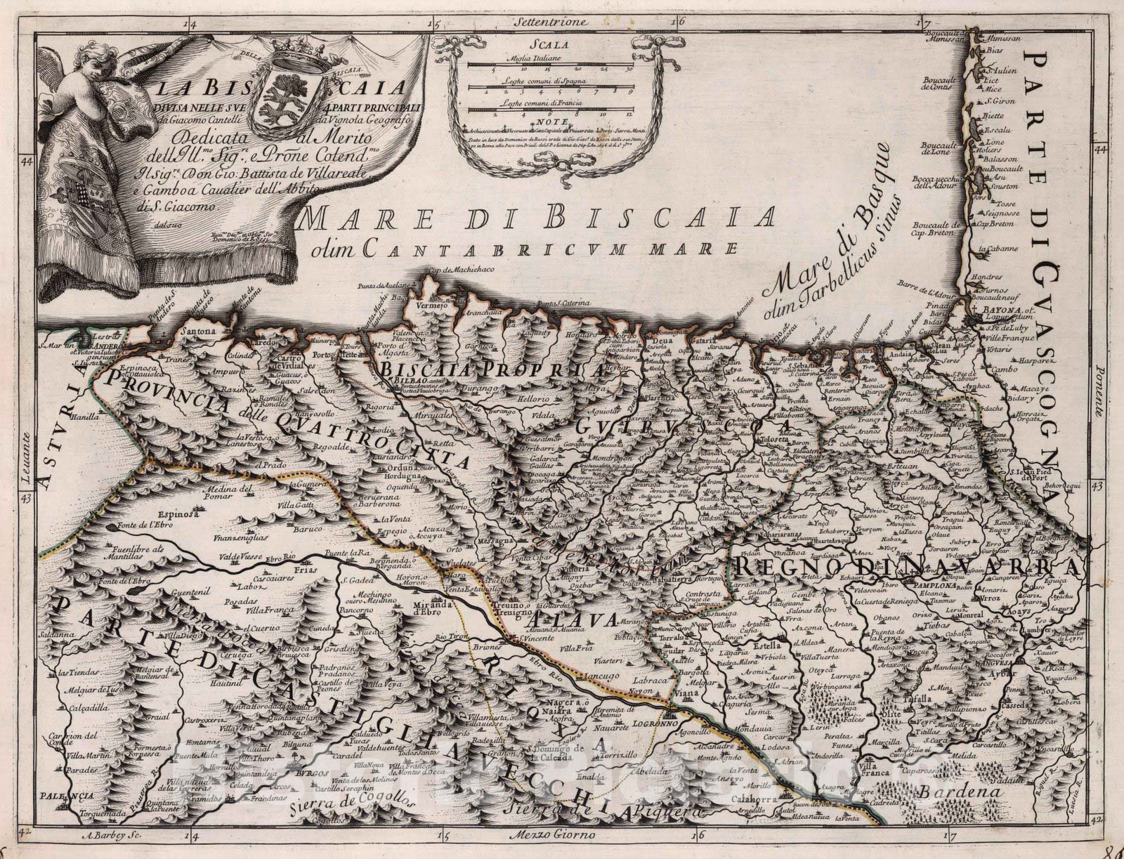 Historic Map : Spain, , EuropeLa Biscaia : Divisa nelle sue 4 parti principali 1696 , Vintage Wall Art