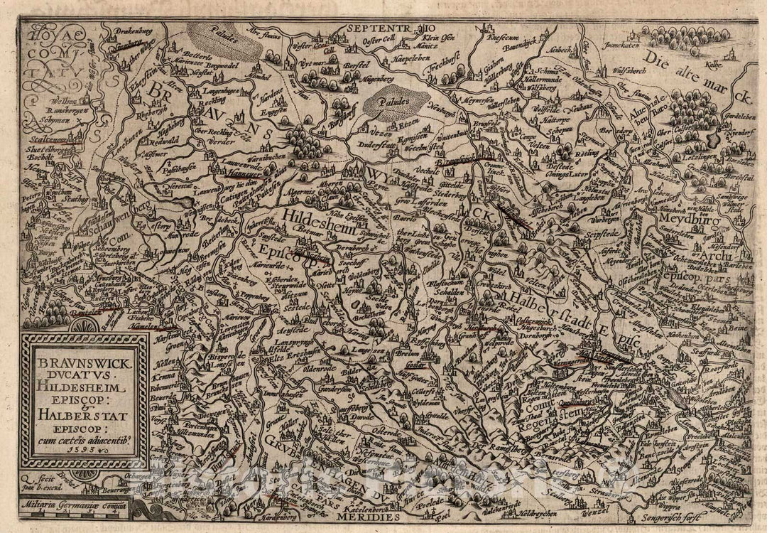 Historic Map : Germany,32. Braunswick Ducatus. Hildesheim episcop: & Halberstat episcopat: cum caeteris adiacentib. 1600 , Vintage Wall Art