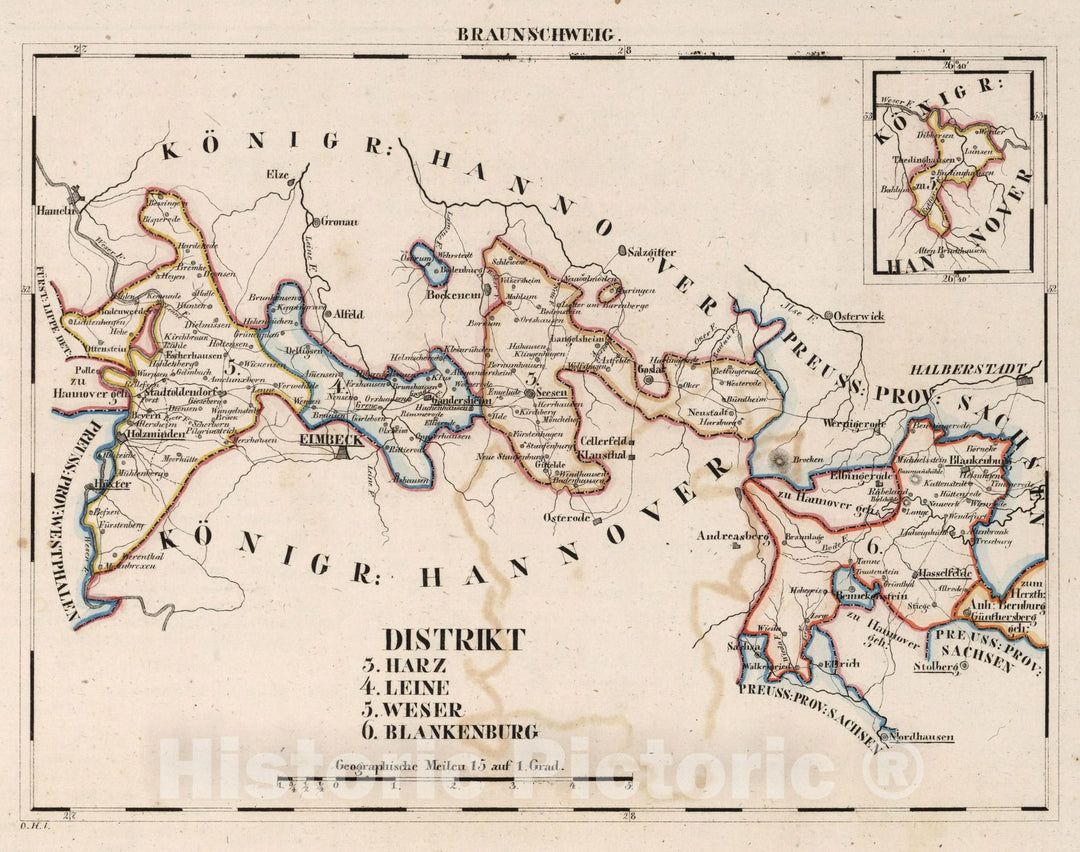 Historic Map : Germany, V. 2:6-10: VII: Braunschweig. 1. Distrikt: 3.Harz. 4. Leine. 5. Weser. 6. Blankenburg 1825 , Vintage Wall Art