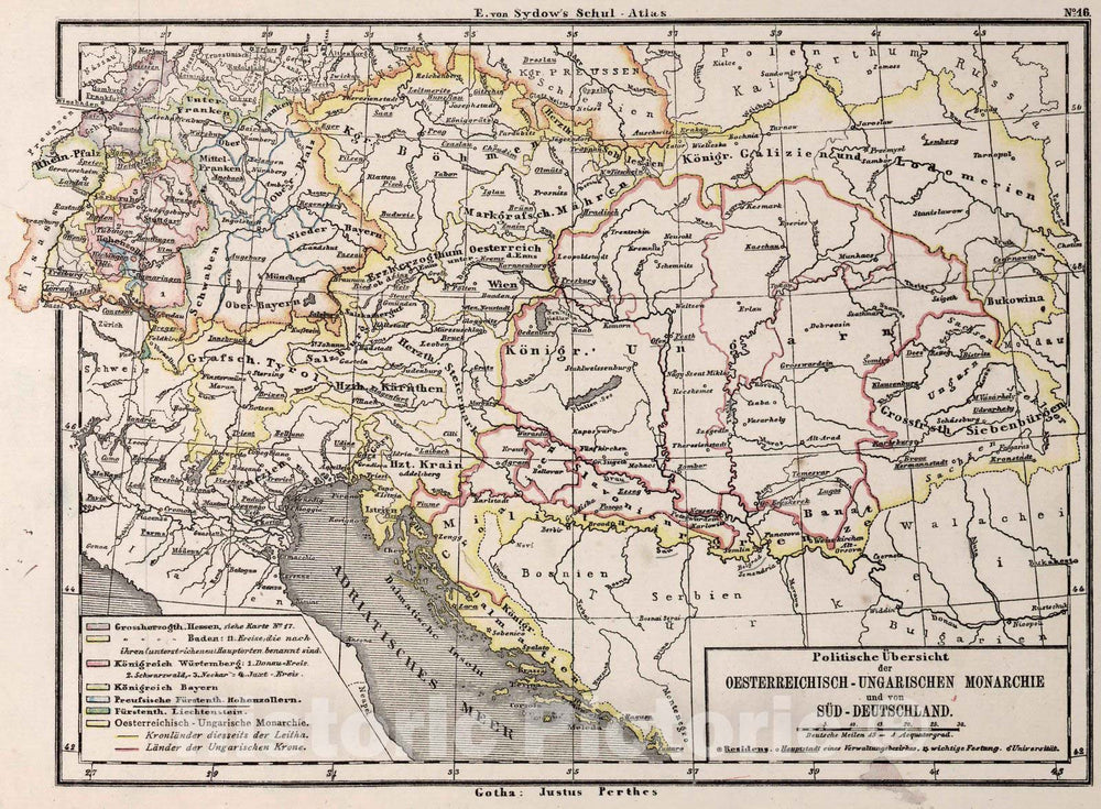 Historic Map - School Atlas Map, 16. Political Overview Austro - Hungarian Empire and South Germany. 1872 - Vintage Wall Art