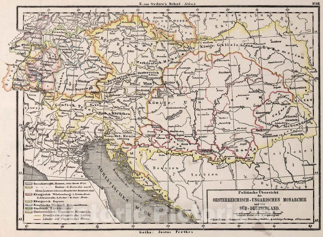 Historic Map - School Atlas Map, 16. Political Overview Austro - Hungarian Empire and South Germany. 1872 - Vintage Wall Art