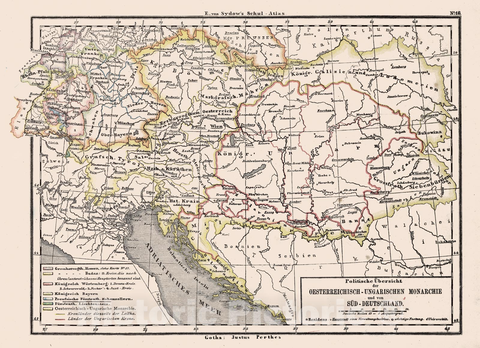 Historic Map - School Atlas Map, 16. Political Overview Austro - Hungarian Empire and South Germany. 1872 - Vintage Wall Art