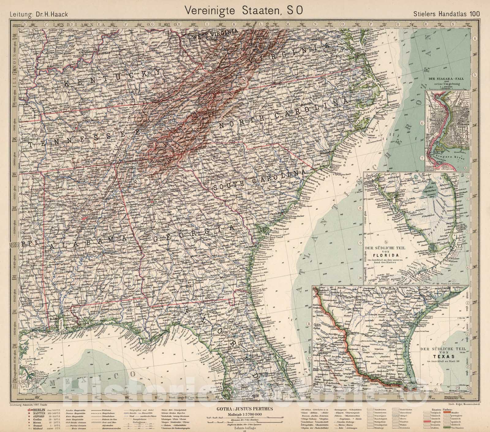 Historic Wall Map : United States, South100. Vereinigte Staaten SO. United States SE. 1925 , Vintage Wall Art