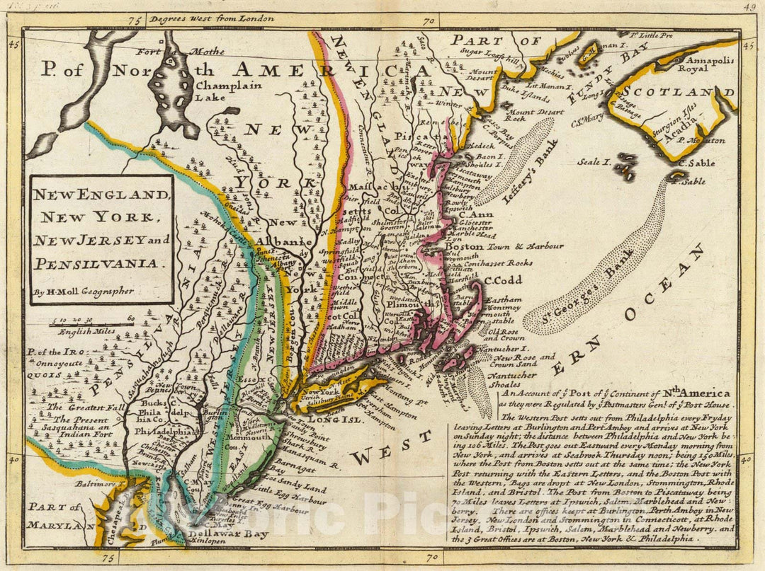 Historic Map : World Atlas Map, New England, New York, New Jersey and Pensilvania. 1736 - Vintage Wall Art