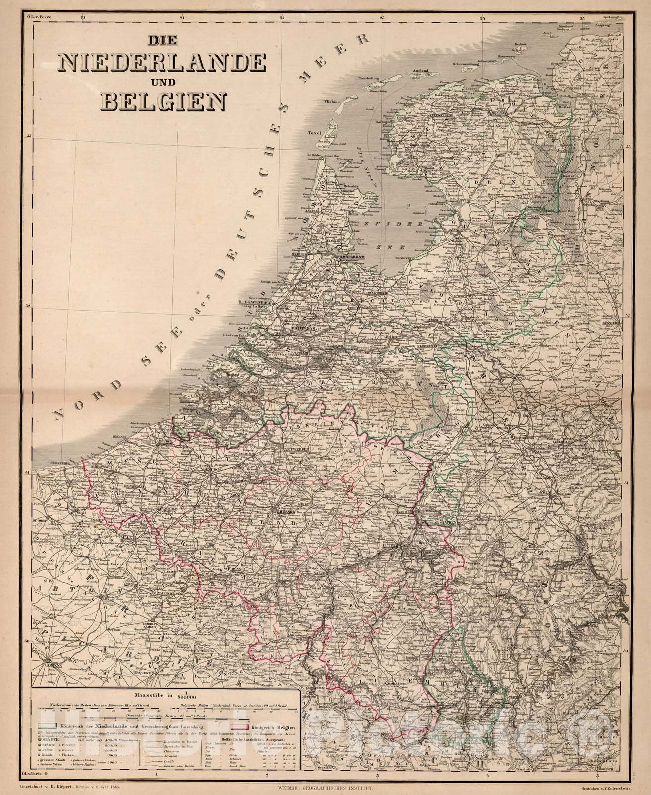 Historic Map : Netherlands,Die Niederlande und Belgien 1865 , Vintage Wall Art