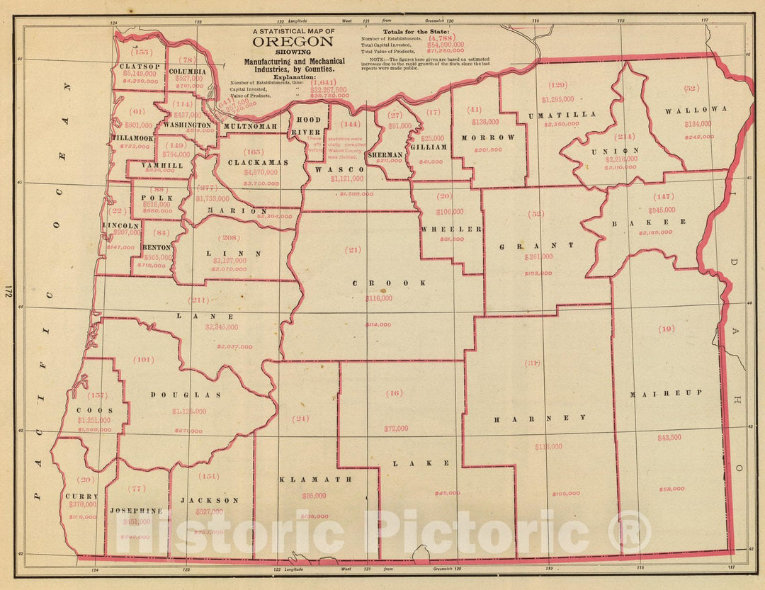 Historic Map : State Atlas Map, Oregon mfg, mechanical industries. 1909 - Vintage Wall Art