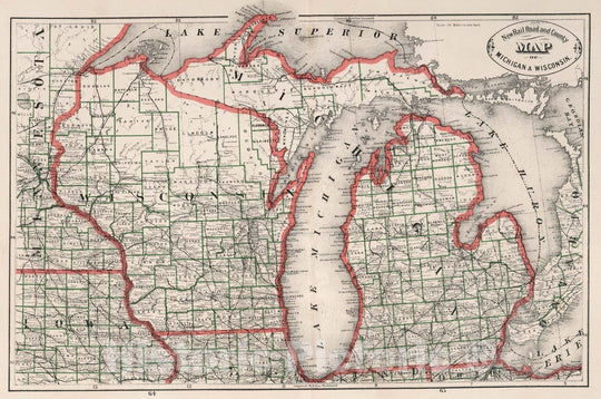 Historic Map : New Rail Road and County Map of Michigan and Wisconsin, 1883 - Vintage Wall Art