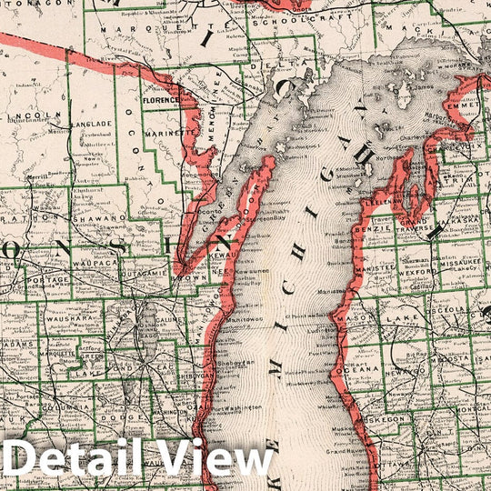 Historic Map : New Rail Road and County Map of Michigan and Wisconsin, 1883 - Vintage Wall Art