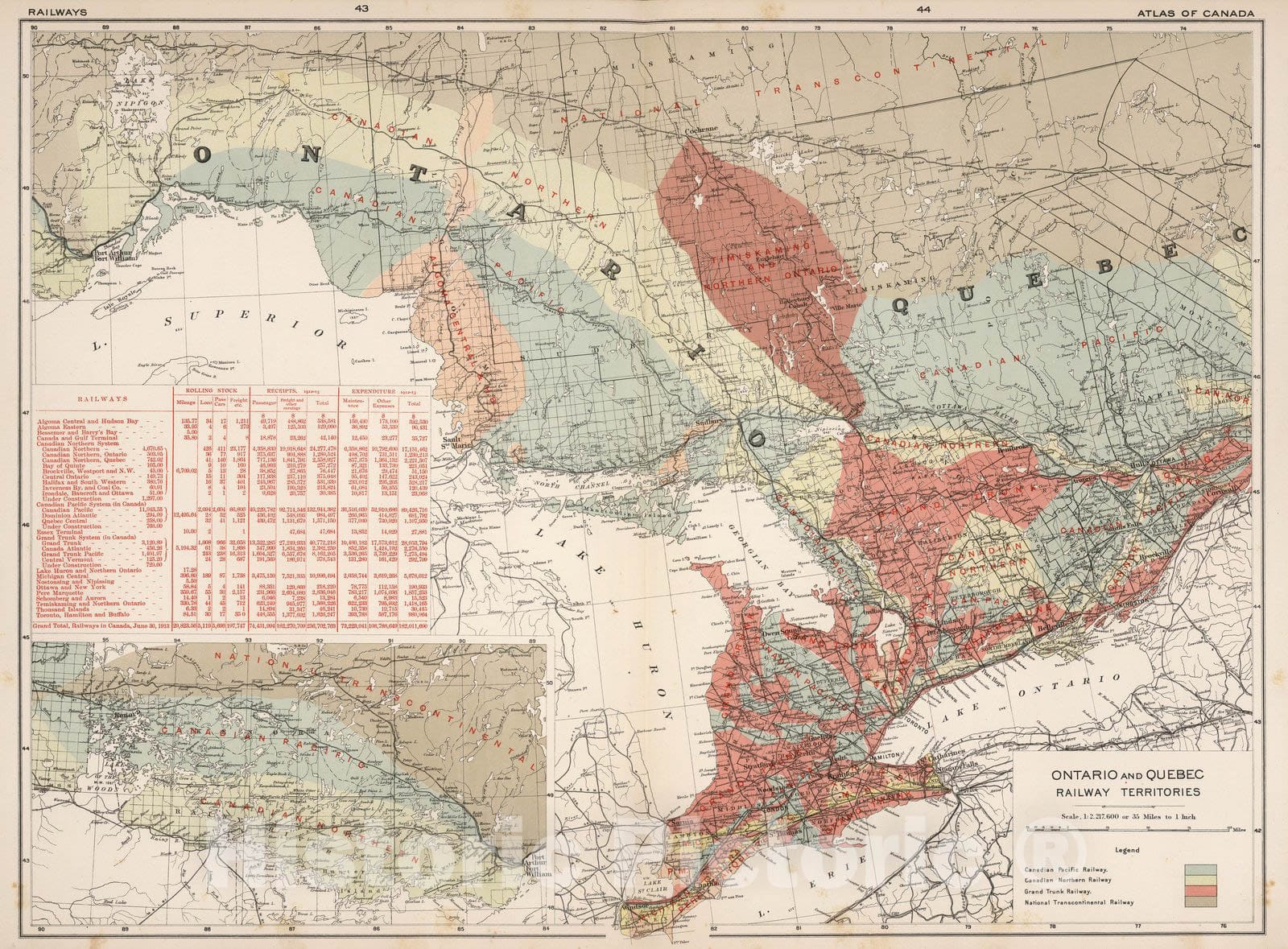 Historic Map : Ontario and Quebec railway territories 1915 - Vintage Wall Art