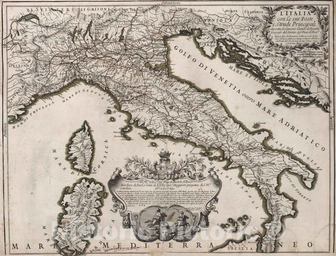 Historic Map : Italy, , EuropeL'Italia con le sue poste e strade principali 1695 , Vintage Wall Art