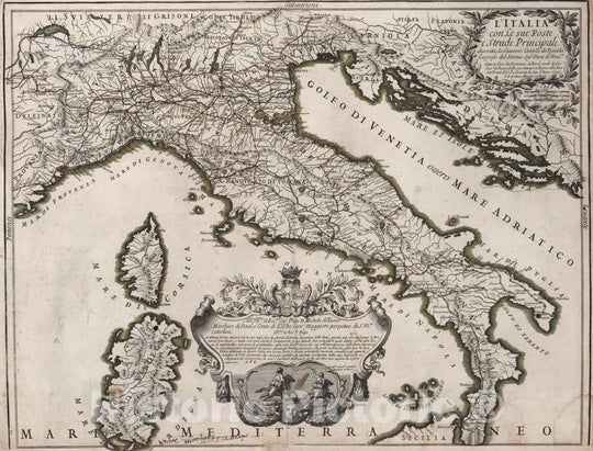 Historic Map : Italy, , EuropeL'Italia con le sue poste e strade principali 1695 , Vintage Wall Art