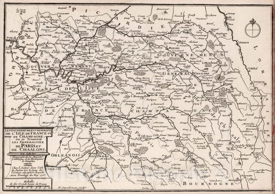 Historic Map : Paris Area , FranceLes Gouvernements Generaux de l'Isle de France et de Champagne, France. 1705 , Vintage Wall Art