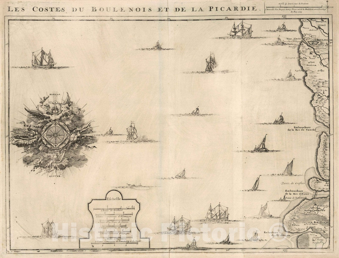 Historic Map : France,13. Les Costes du Boulenois et de la Picardie. 1708. 1708 , Vintage Wall Art