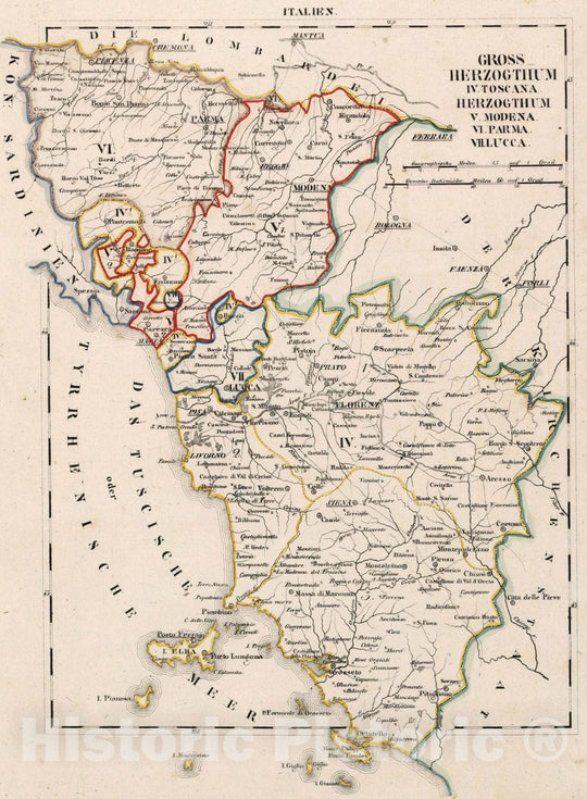 Historic Map : Italy, V.3:11-15:XIV. Das Grossherzogthum IV-VII: Toscana; Modena; Parma; Lucca 1829 , Vintage Wall Art