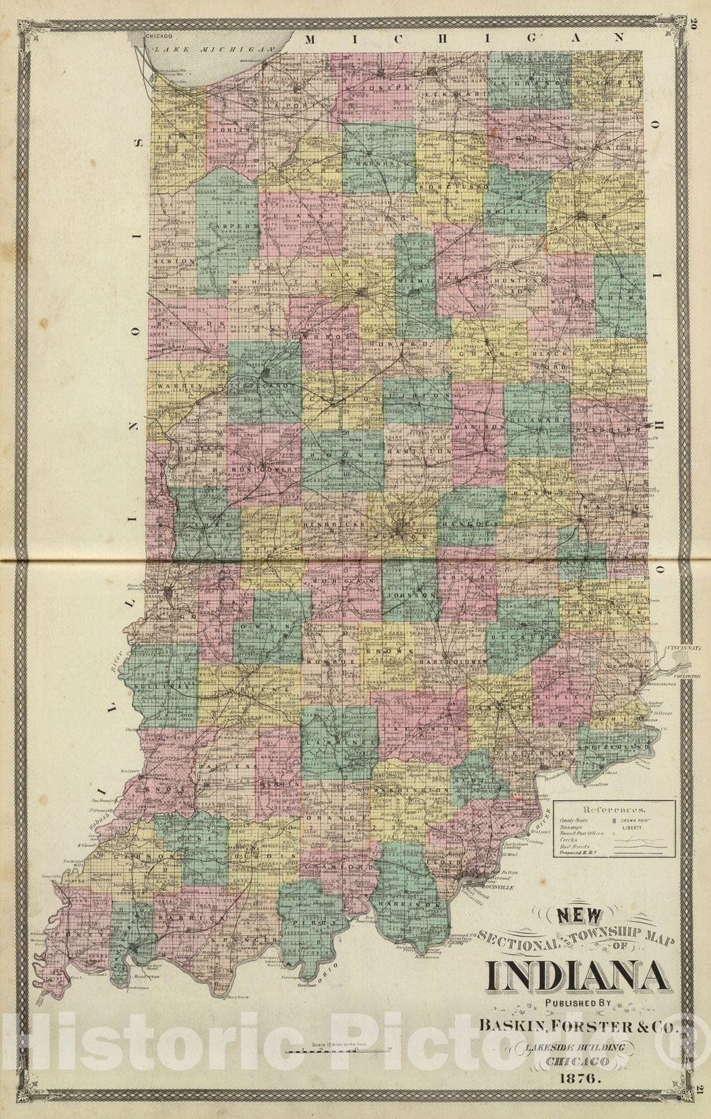 Historic Map : New sectional and township map of Indiana, 1876 - Vintage Wall Art