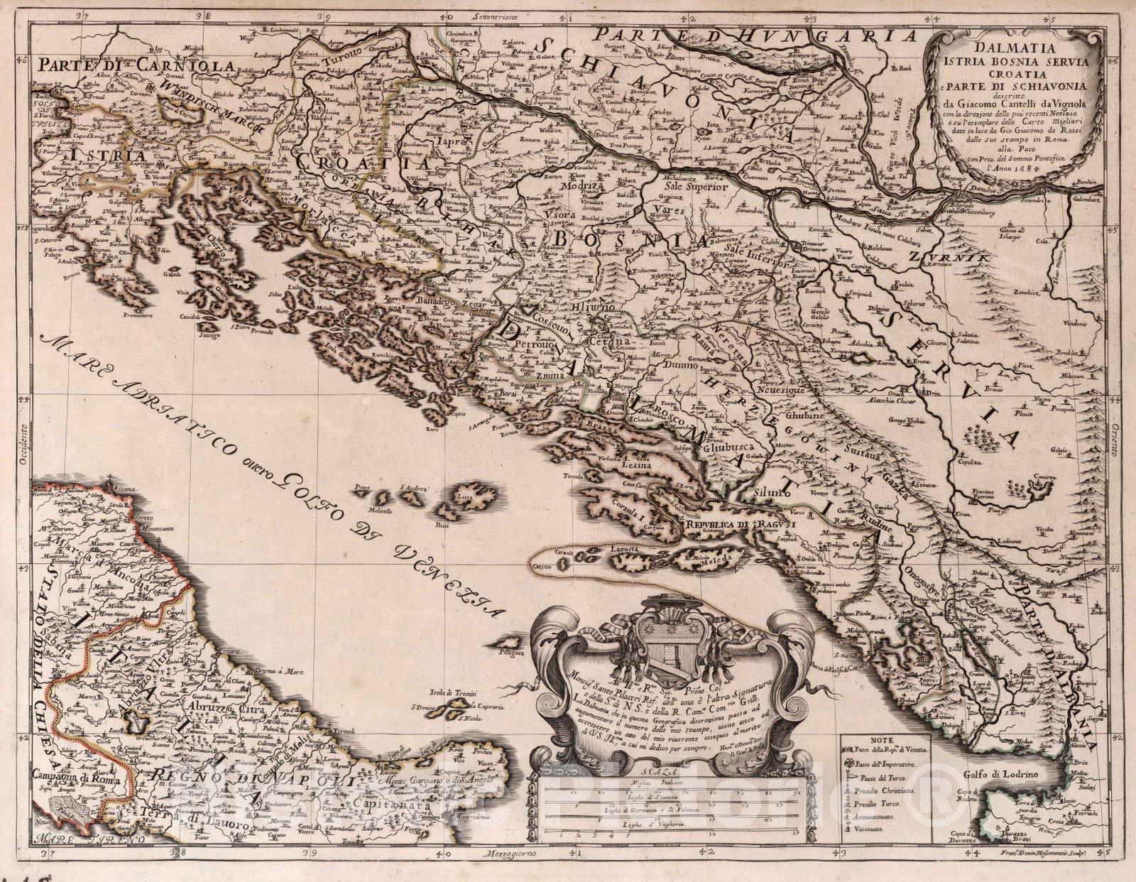 Historic Map : Croatia, , EuropeDalmatia, Istria, Bosnia, Servia, Croatia e Parte di Schiavonia 1684 , Vintage Wall Art