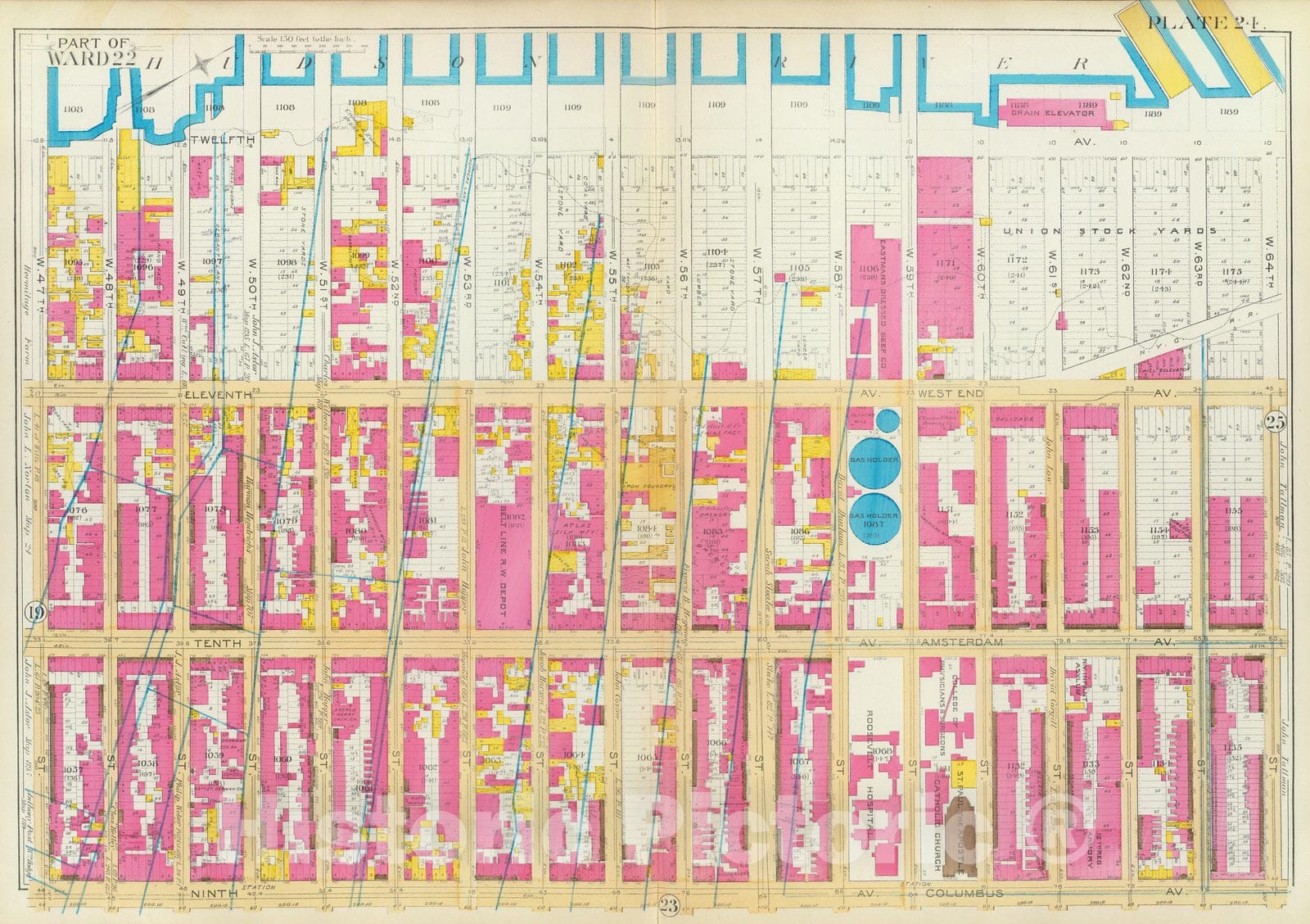 Historic Map : Manhattan Fire Insurance City Atlas Map, Pl. 24: ward 22. 1891 - Vintage Wall Art