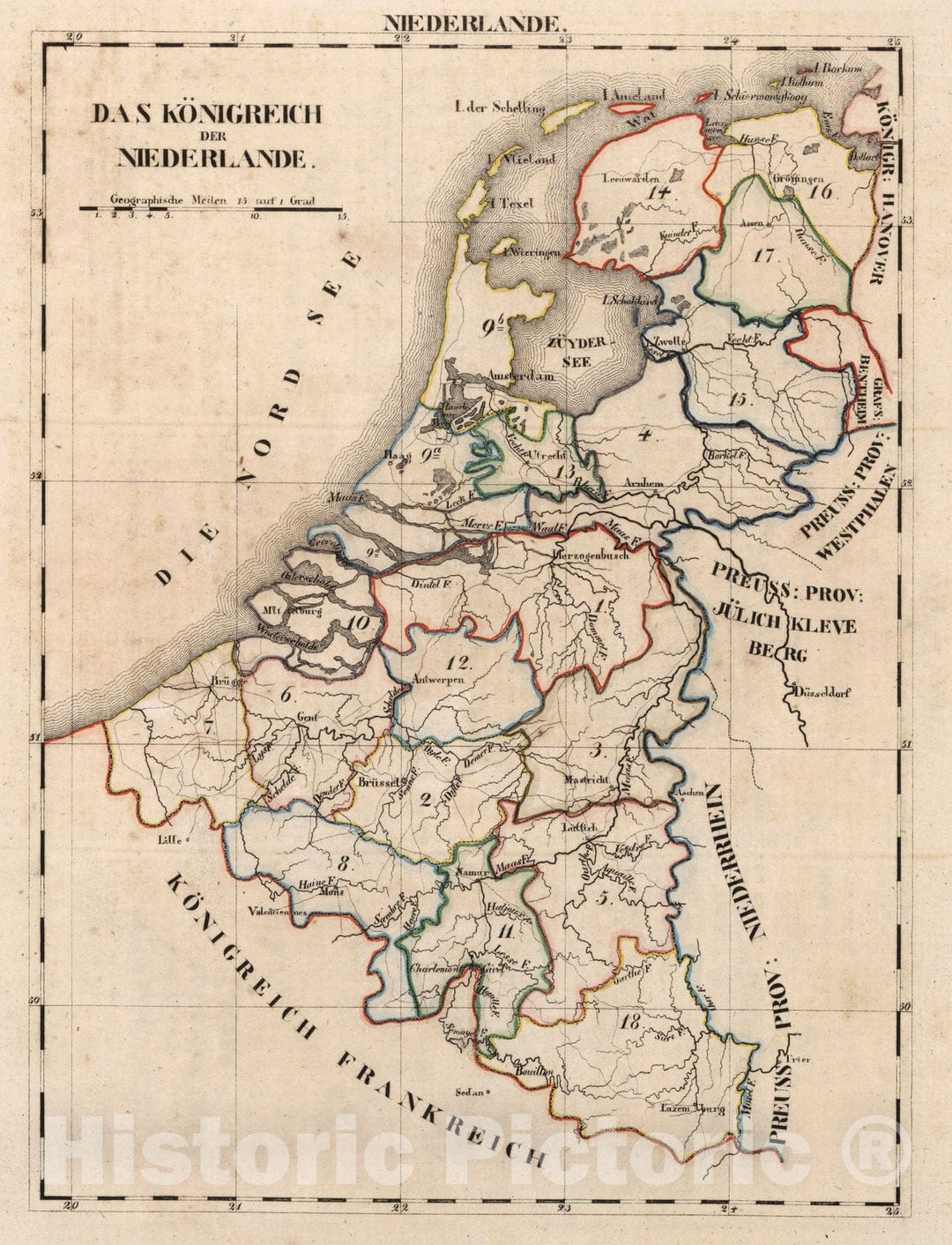 Historic Map : Netherlands, National Atlas Map, V.1:1-5: V: I: Das Konigreich Niederlande 1825 , Vintage Wall Art