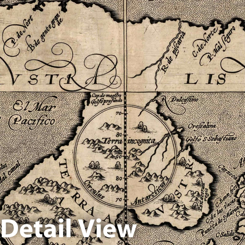 Historic Map : World Atlas Map, 81. Chica sive Patagonica et Austalis terra (Straits of Magellan, Patagonia, Antarctica). 1600 - Vintage Wall Art