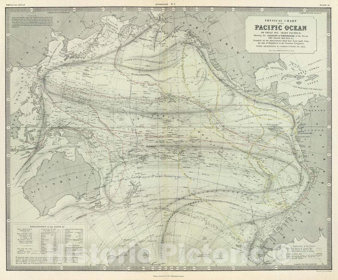 Historic Map : Physical Atlas Map, Pacific Ocean. 1856 - Vintage Wall Art