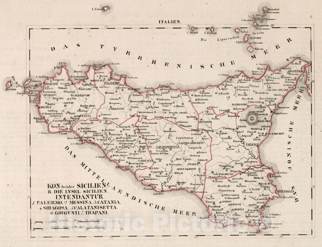 Historic Map : Italy, V.3:11-15:XIV. Italien. I. Kon: beider Sicilien. B. Die Insel Sicilien. Intendantur: 1-7 1829 , Vintage Wall Art