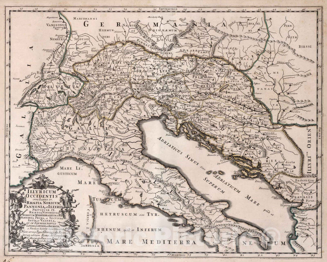 Historic Map : Hungary, Balkan States, EuropeIllyricum Occidentis 1715 , Vintage Wall Art