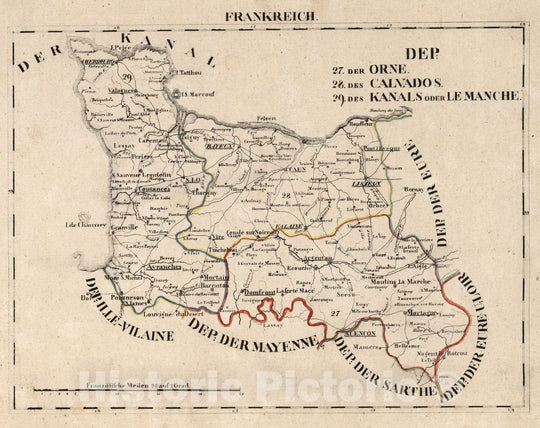 Historic Wall Map : France, V.1:1-5: I: Frankreich. DEP: 27. Der Orne. 28. Des Calvados. 29. Des Kanals oder Le Manche 1825 , Vintage Wall Art